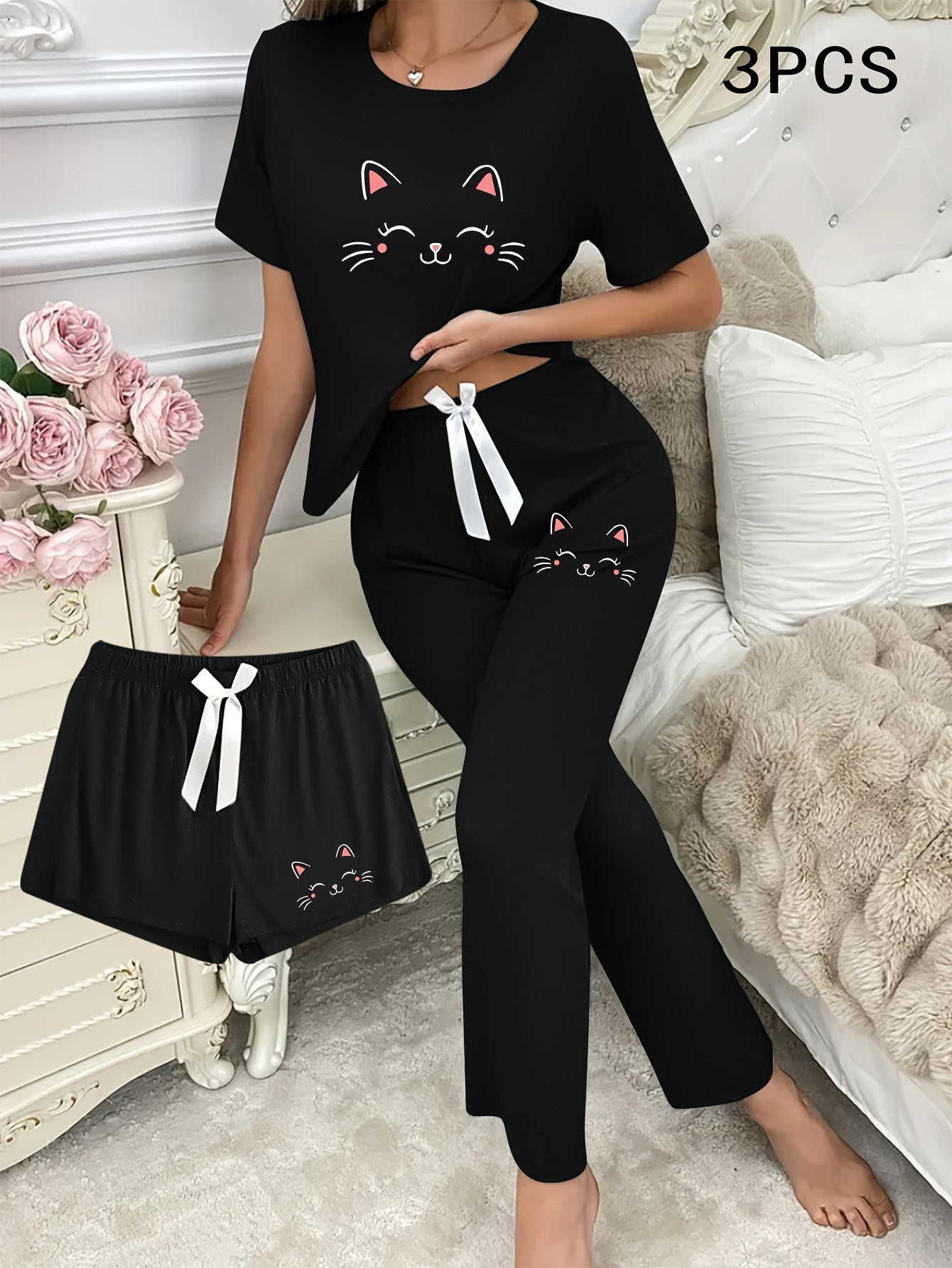 3pcs Cartoon joyful Cat Print Pajama Set for Women, Short Sleeve Top and Long Pants Shorts, Casual Comfortable Home Wear